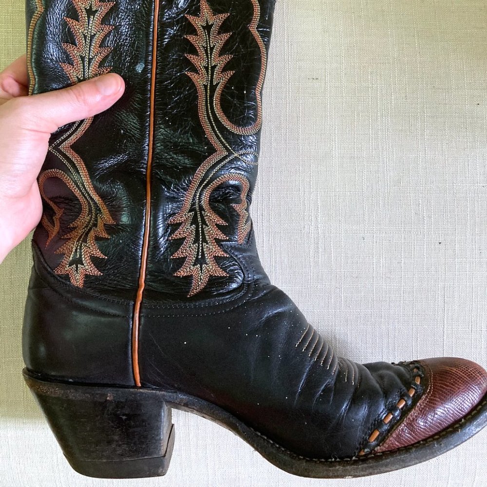 Vintage Tony Lama Black Snakeskin Cowboy Boots 6.5